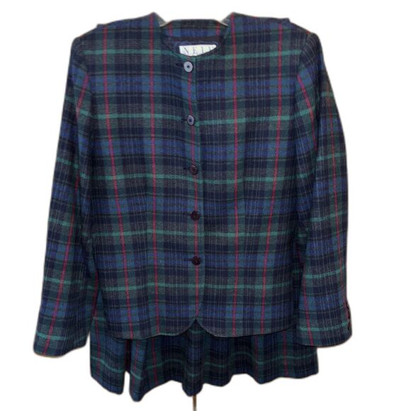 Nell Flowers Two piece Wool Blend skirt Set 14 Vintage Women Lined Plaid - Picture 2 of 16